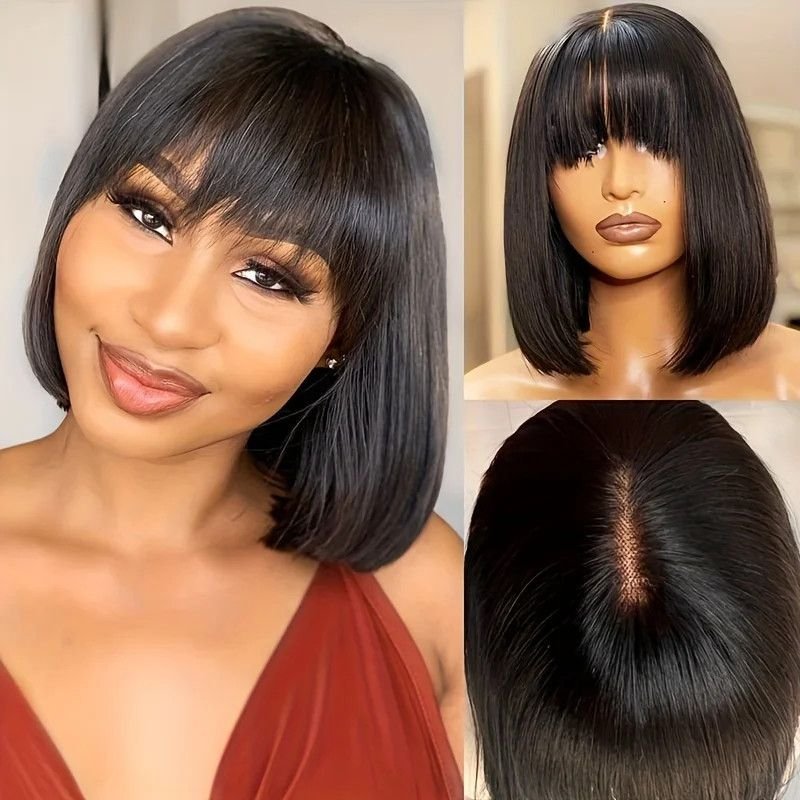 Hairporium Premium Short Bob Wig - Bone Straight 100% Human Hair with Bangs & 3x1 Lace Middle Part Hairporium 2 - Hairporium 