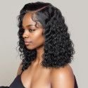 Hairporium Natural Black Curly Bob Lace Wig - Deep Water Wave 100% Human Hair T Part Lace Front Wig for Women