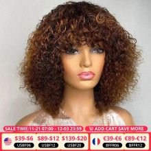 Short Pixie Bob Cut Human Hair Wigs With Bangs Jerry Curly Full Machine Wig Highlight Honey Blonde Colored Wigs For Women [produ