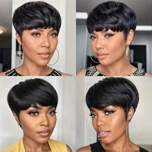 Short Bob Wig Straight Human Hair Wigs With Bangs Non Lace Front Wigs For Women Pixie Cut Wig Natural Color Full Machine Made [p