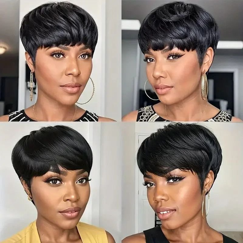 Short Bob Wig Straight Human Hair Wigs With Bangs Non Lace Front Wigs For Women Pixie Cut Wig Natural Color Full Machine Made [p