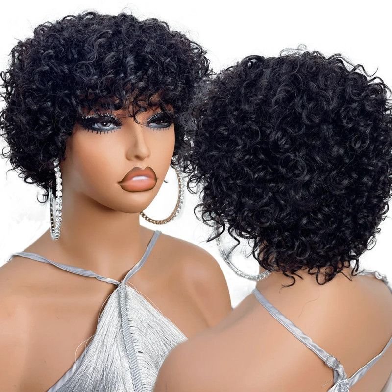 Pixie Cut Human Hair Wigs For Black Women Afro Rose Curly Funmi Glueless Wigs with Bangs Short Bouncy Curly Bob Wig With Bangs H