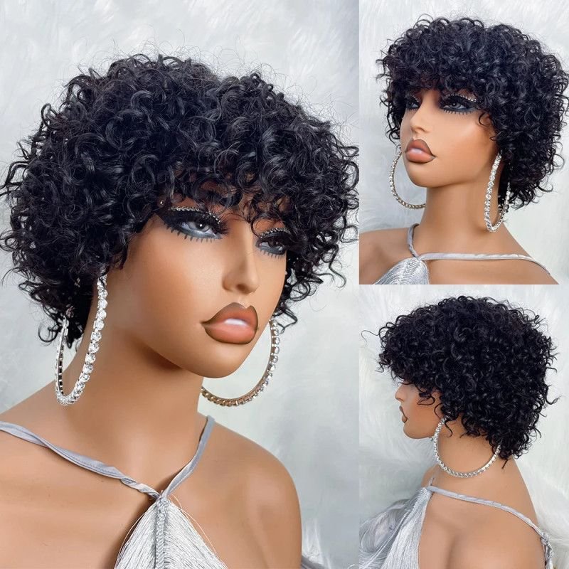 Pixie Cut Human Hair Wigs For Black Women Afro Rose Curly Funmi Glueless Wigs with Bangs Short Bouncy Curly Bob Wig With Bangs H