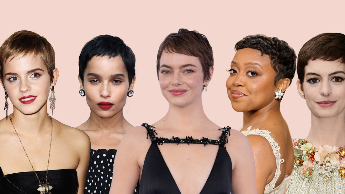 A collage of celebrity pixie cut before-and-after transformations