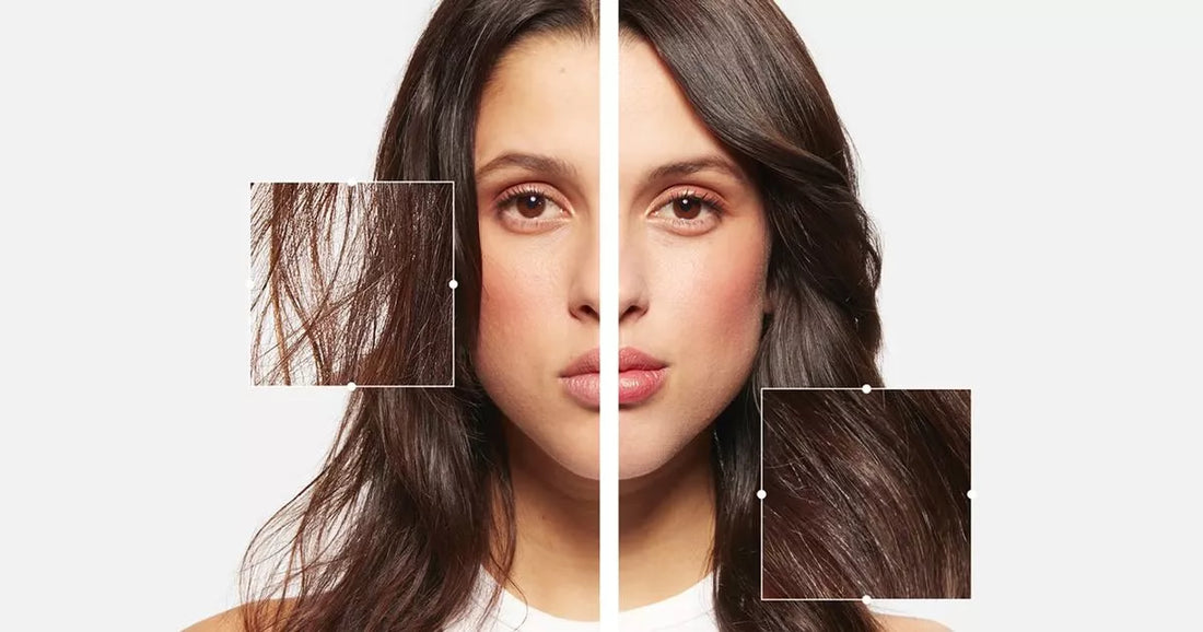 Woman applying hair serum to her scalp with a glass dropper