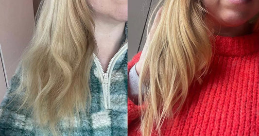 Woman showing results after using a four-step hair repair routine kit