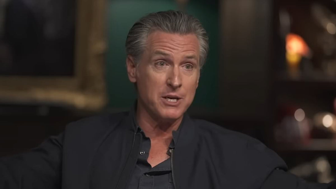 Gavin Newsom standing near wildfire damage with short styled hair