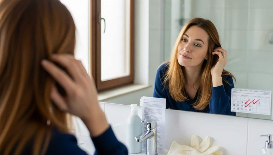 Close-up of a stylist applying hair colour to brunette hair in a salon