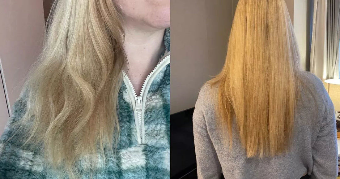 Hair repair ritual kit with shampoo, conditioner, mask and leave-in treatment on a bathroom shelf