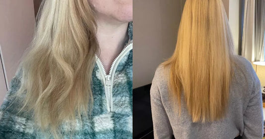 Hair repair ritual kit with shampoo, conditioner, mask and leave-in treatment on a bathroom shelf