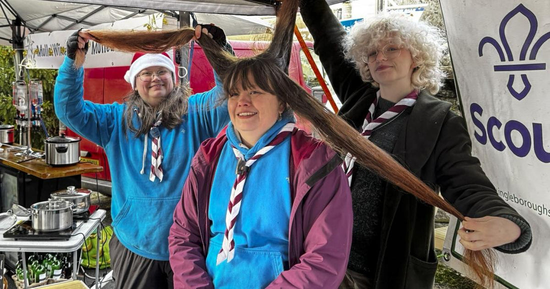Gemma before and after donating her long hair at Ingleton fundraising event