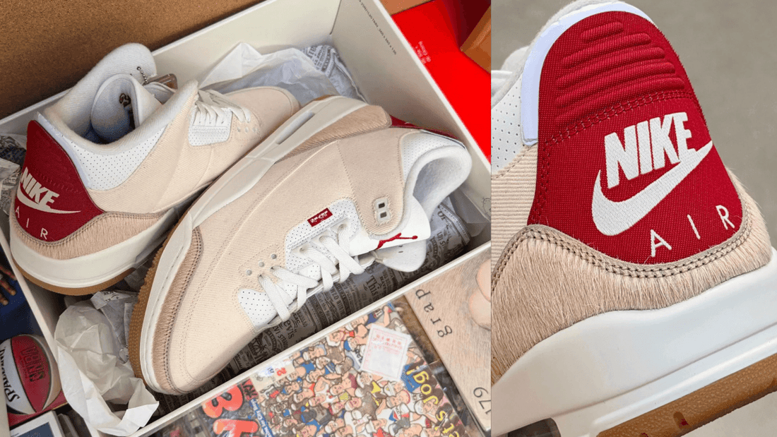 Levi’s x Air Jordan 3 Sail sneaker featuring pony hair texture panels