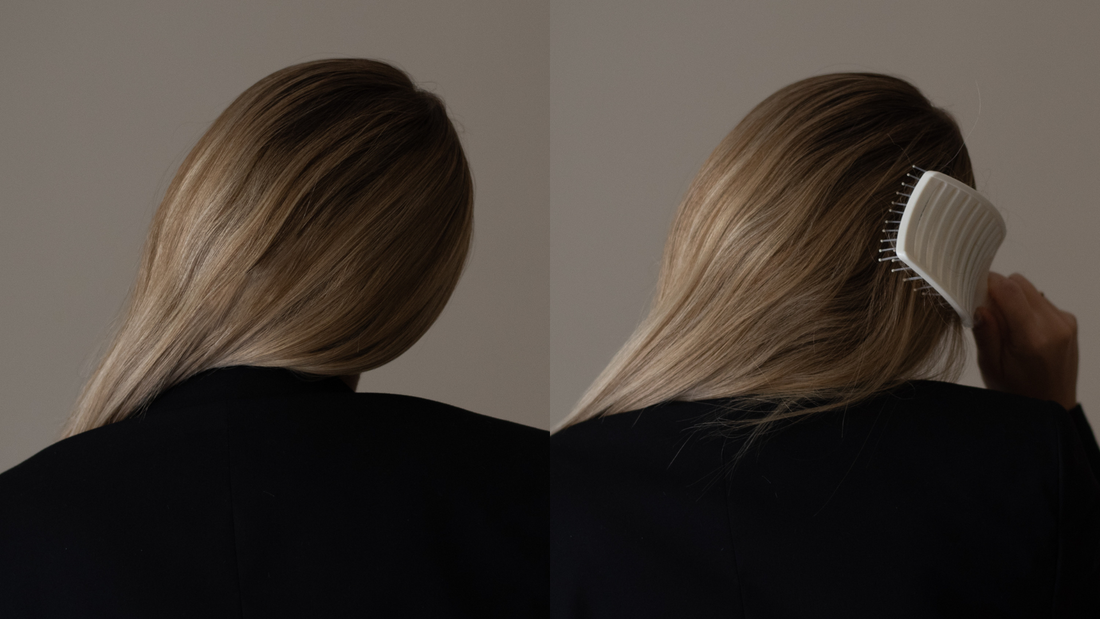 Woman with long, glossy liquid hair in soft studio lighting
