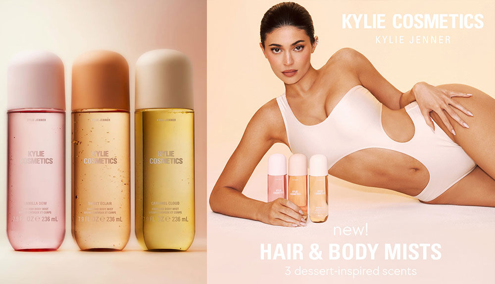Kylie Cosmetics dessert-inspired Hair & Body Mists bottles on display
