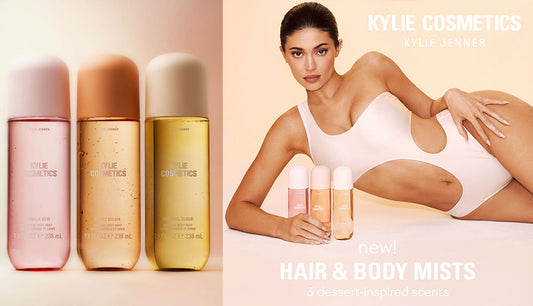 Kylie Cosmetics dessert-inspired Hair & Body Mists bottles on display