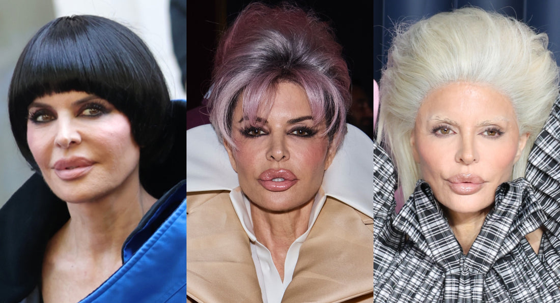 Collage of Lisa Rinna’s 2025 hairstyles, including a sharp bob and slicked-back platinum look