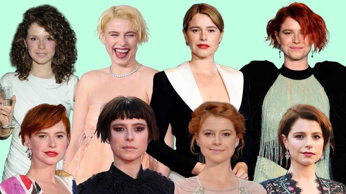 Collage of Jessie Buckley showing multiple hair colours, lengths and styling eras