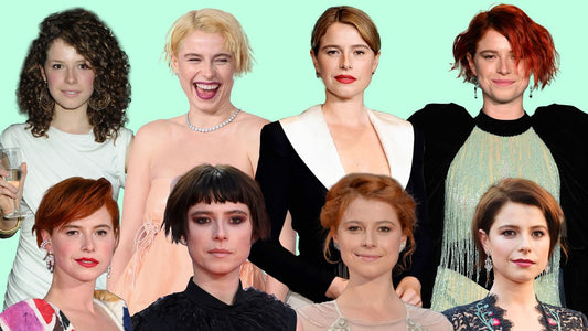 Collage of Jessie Buckley showing multiple hair colours, lengths and styling eras