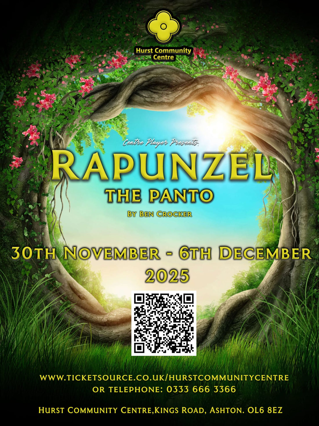 Rapunzel pantomime poster for Hurst Community Centre production
