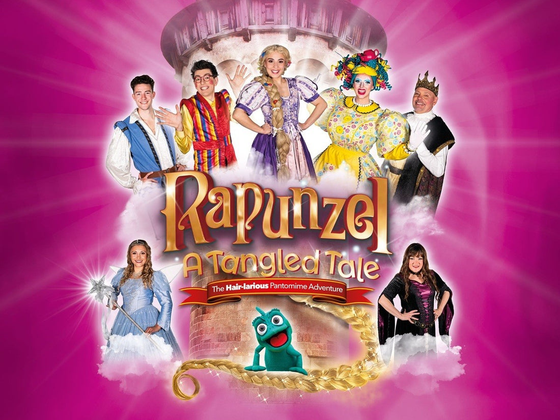 Rapunzel pantomime poster with long flowing hair illustration