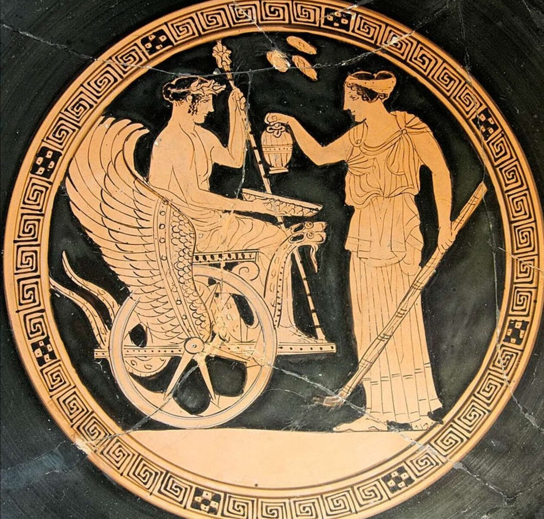 Ancient Greek vase painting showing figure with dark hair (Triptolemus Kore)