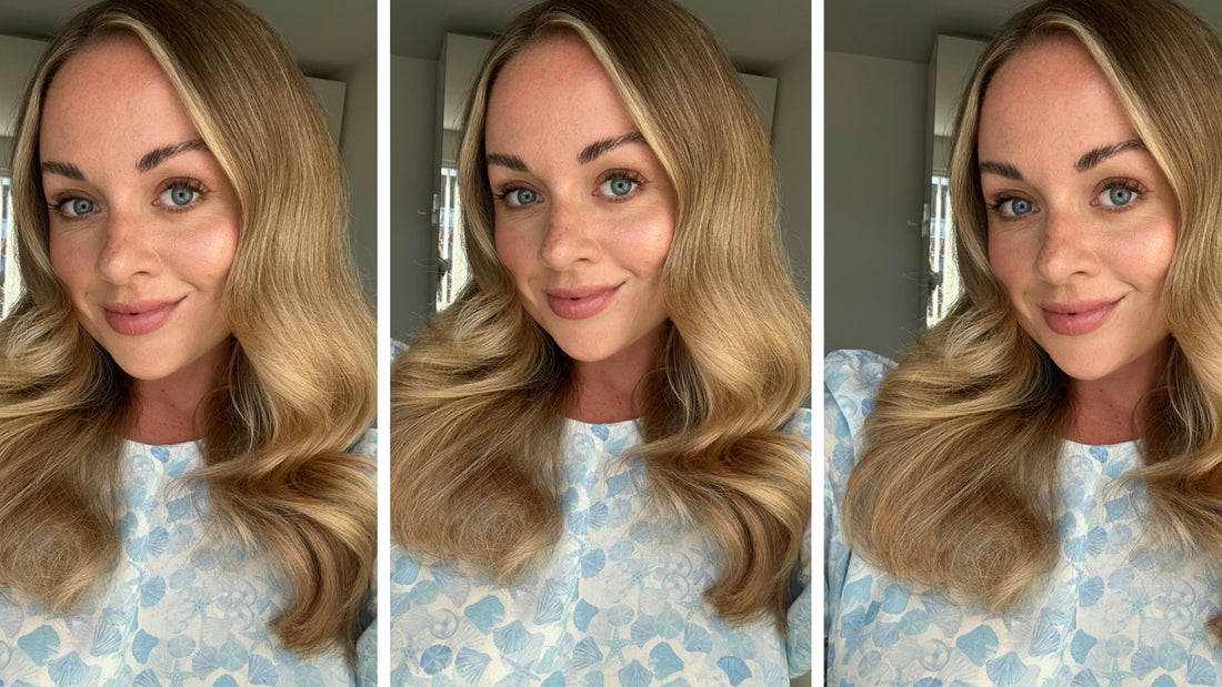 Abbey Yung method haircare visual: a flat-lay of hair products and tools on a pale background