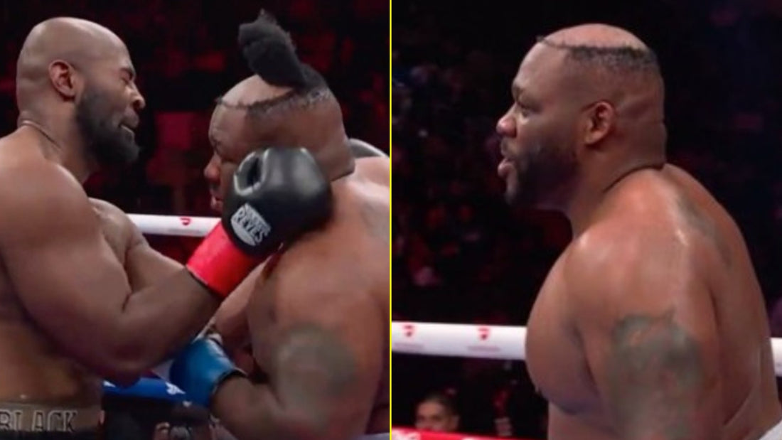 Boxer Jarrell Miller in the ring after his hairpiece comes off mid-fight