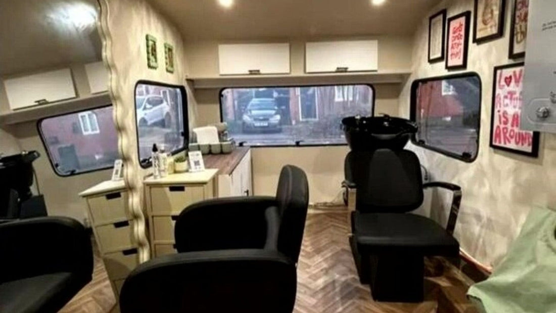 Exterior of renovated caravan transformed into a bright, stylish mobile hair salon