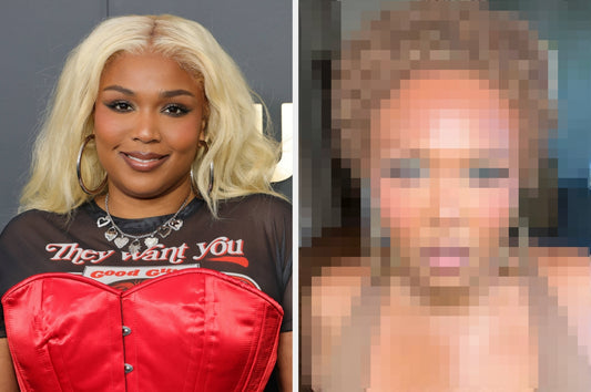 Lizzo pictured with her natural hair visible in a social media-style image
