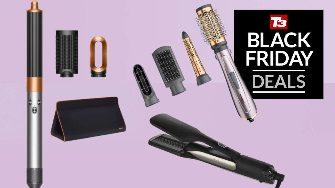 Selection of modern hair styling tools displayed on a neutral background
