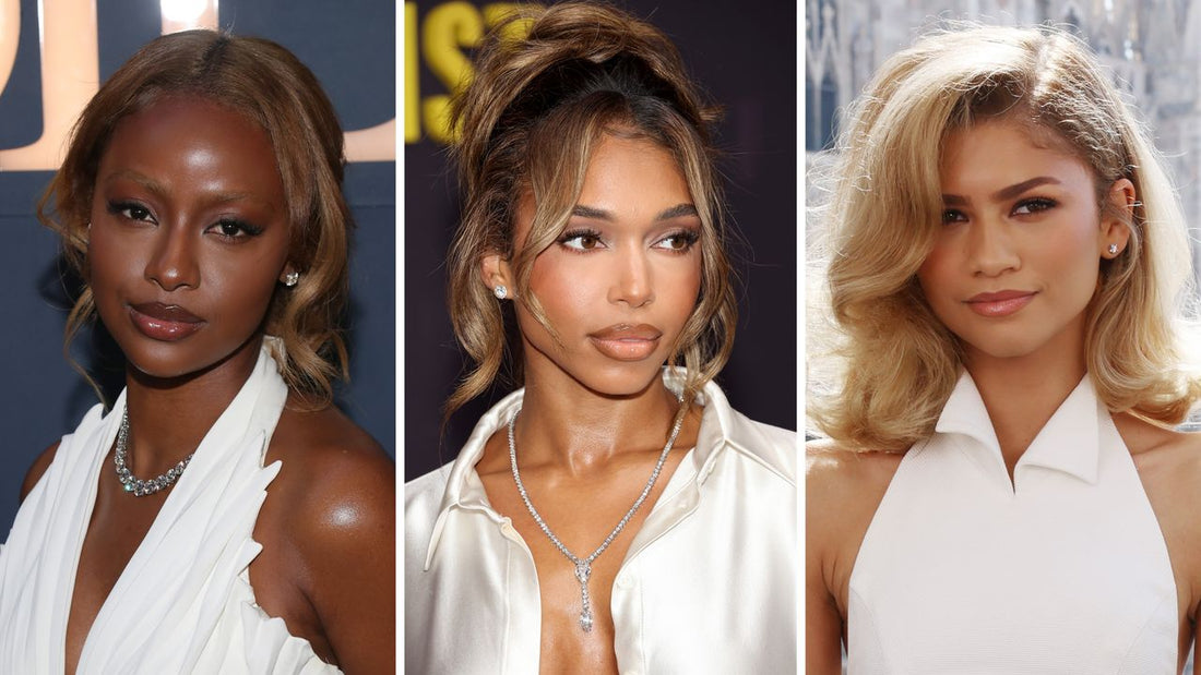 Woman with tonal brown hair beside neutral background, illustrating hair-to-skin colour matching.