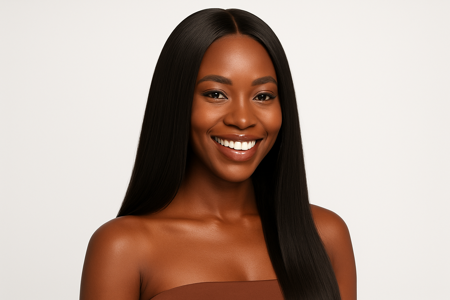 Create, on a white background, a stunning slider image of a beautiful Afro lady wearing an elegant and luxurious bone straight human hair wig, happy and smiling.