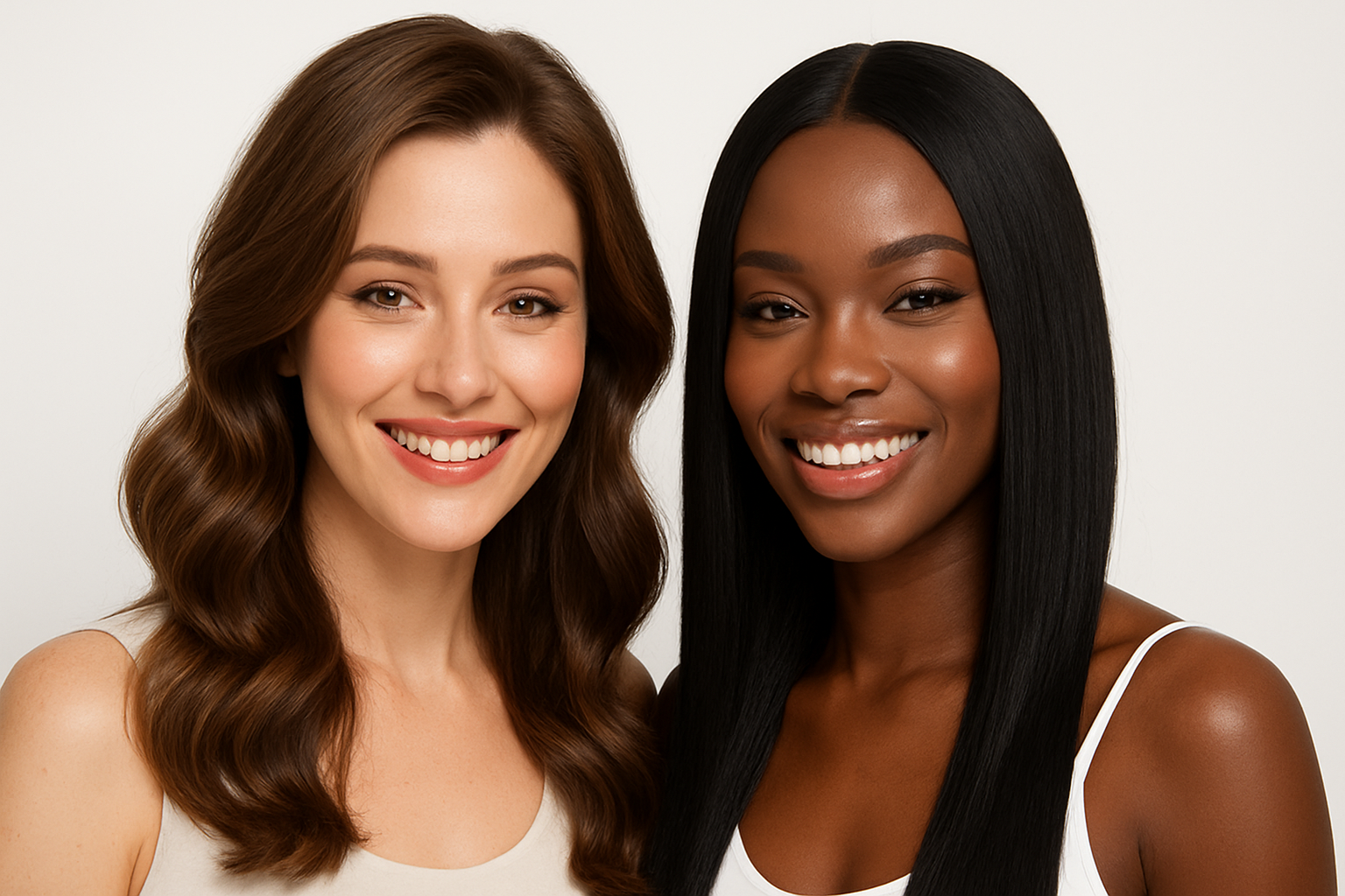 Create, on a white background, a stunning slider image of a beautiful Caucasian lady wearing an elegant and luxurious human hair wig and a beautiful Afro lady wearing an elegant and luxurious bone straight human hair wig, happy and smiling.