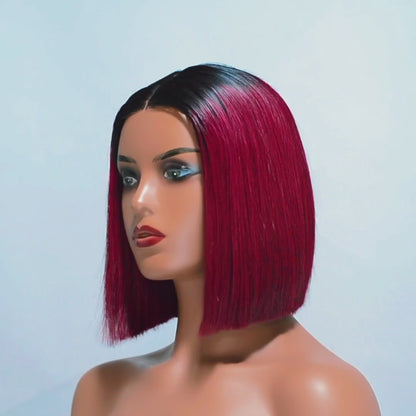 Hairporium Super Double Drawn Vietnamese Bone Straight Wig – 100% Raw Virgin Hair, Burgundy 1B/99J, Glueless Precut Blunt Cut Bob with HD Transparent Lace Closure (10-inch)